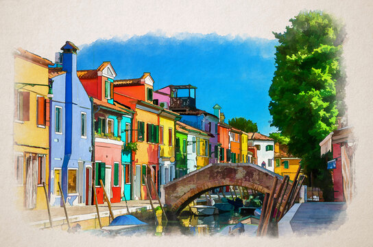 Watercolor drawing of Colorful houses of Burano island. Multicolored buildings on fondamenta embankment of narrow water canal with fishing boats, Italy