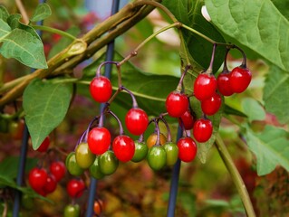 red small berries of solanum nigrum -black nightshade wild plant