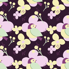 Vector seamless pattern with cute birds and flowers for fabrics, paper, textile, gift wrap isolated on black background. Spring background