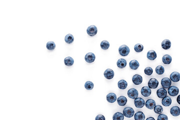 Blueberry scatter on white isolated background.