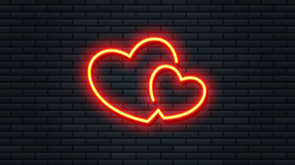 Vector illustration bright red neon hearts isolated on dark brick wall background. Realistic retro neon hearts sign for Happy Valentines Day. Romantic design element for greeting card and banner.