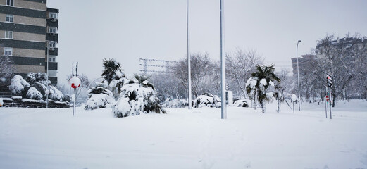 Parks covered with snows the passage of the Storm Filomena through the capital. Extreme cold....