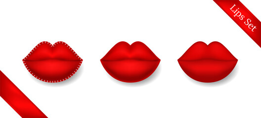 Red female 3d lips collection. Set sexy woman lips isolated on white background. Icon, logo, sign, symbol women lipstick. Vector illustration