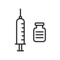 Vaccine syringe and ampoule vector icon. Medical instrument symbol. Drug injection needle sign. Vaccination logo. Clip-art silhouette.