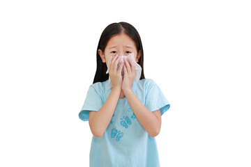 Portrait of asian little kid girl sick and sneeze with tissue paper on white background