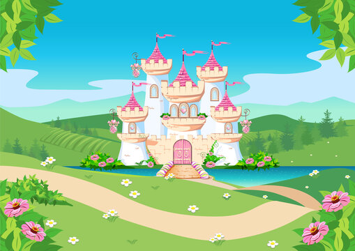 Fabulous background with the princess castle by the lake in the forest. Castle with pink flags, precious hearts, roofs, towers and gates. Fabulous vector illustration.