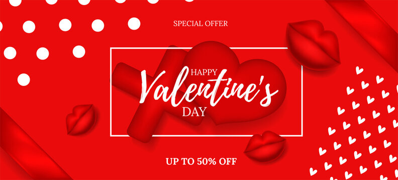Happy Valentine's Day banner, poster, flyer, postcard, placard. Realistic 3d red heart, lips, silk ribbon and XO symbol on red background. Vector illustration