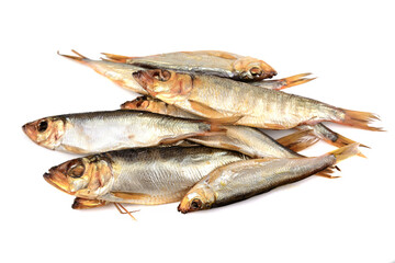 Delicious Baltic herring, hot smoked on a white isolated background, selective focus.Space for text .