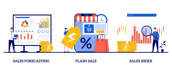 Sales forecasting and index, flash sale, special offer concept with tiny people. Revenue management vector illustration set. E-commerce shop promotion, profit analysis, retail income metaphor - obrazy, fototapety, plakaty