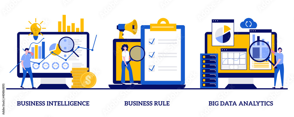 Poster business intelligence, business rule, big data analytics concept with tiny people. enterprise strate