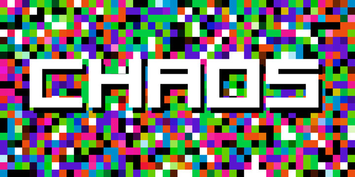 A pattern of big random messy colorful blocks, created from pixellated noise, with the word Chaos.
