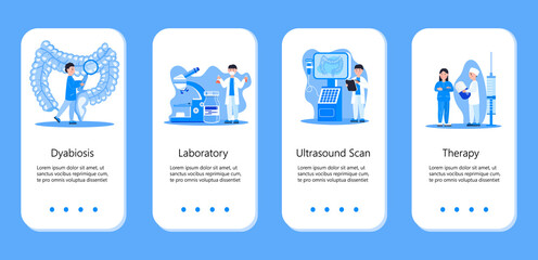 Intestine doctors examine, treat dysbiosis. Tiny therapist looks through a magnifying glass at harmful bacteria. Health care app templates vector in flat style for landing page, website, app