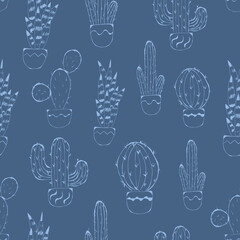 Cactus seamless pattern. Hand drawn cactus lineart. Home plants succulents blue pattern. Doodle with cute cactus, floral seamless pattern.