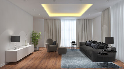 Large luxury modern minimal bright interiors room mockup illustration 3D rendering