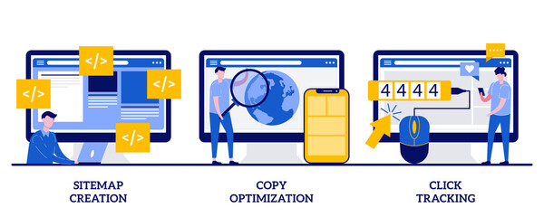 Sitemap creation, copy optimization, click tracking concept with tiny people. Website optimization abstract vector illustration set. SEO analytics software, online business, target keyword metaphor
