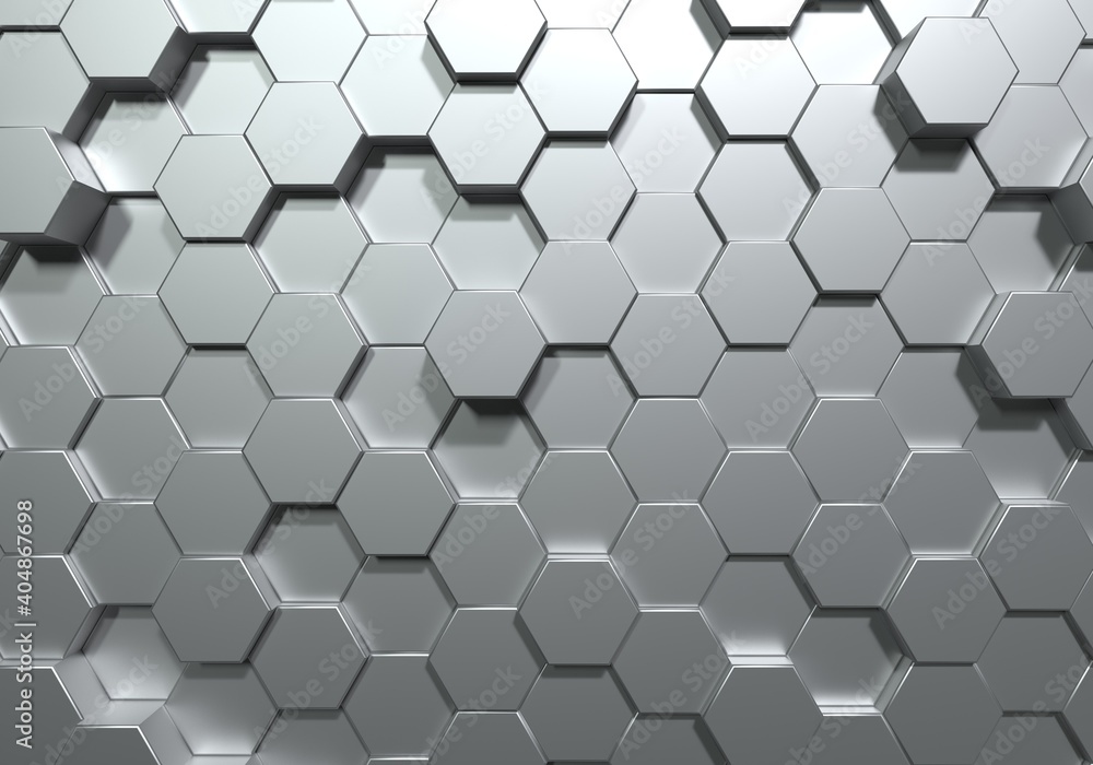 Poster silver hexagon honeycomb movement background. grey abstract art and geometric concept. 3d illustrati