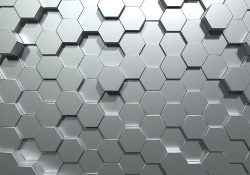 Silver hexagon honeycomb movement background. Grey abstract art and geometric concept. 3D illustration rendering graphic design
