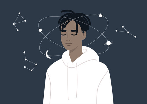 Young dreamy male Black character imagining the universe spinning around their head, calm mind and meditation, esoteric knowledge
