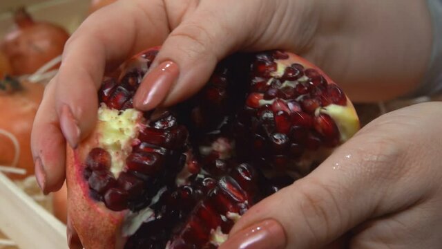 Female hands are breaking a red ripe pomegranate into the six pieces on the background of the box full of pomegranates