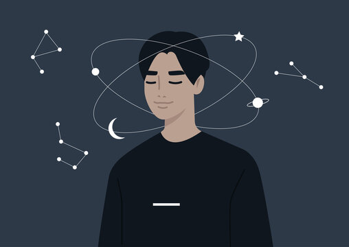 Young dreamy male Asian character imagining the universe spinning around their head, calm mind and meditation, esoteric knowledge