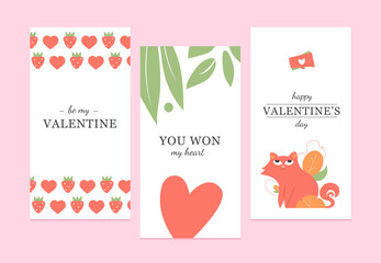 Set of simple stylish minimalist cards for Valentine's Day. Love, expression of feelings, congratulations. Vector flat.