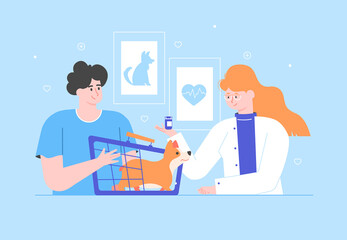 The pet owner brought his cute Welsh Corgi to the vet's appointment. A nice girl doctor veterinarian conducts diagnostics in her office. Vector flat illustration.