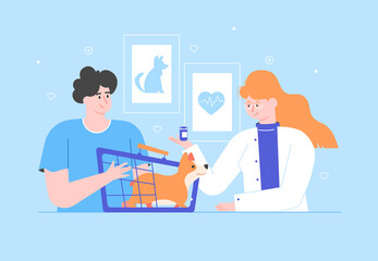 The pet owner brought his cute Welsh Corgi to the vet's appointment. A nice girl doctor  veterinarian conducts diagnostics in her office. Vector flat illustration.