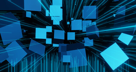 Render with a blue background of converging stripes and cubes