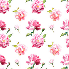 Floral seamless pattern on white background. Pink rose flowers and leaves hand drawn watercolor illustration for textile