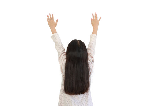 Back Of Asian Little Girl With Hand Up On White Background