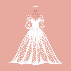 White lace wedding dress on a hanger. Background vector illustration.