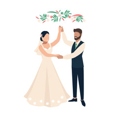 Fototapeta na wymiar Happy bride and groom get married. Flat vector illustration of lovers man and woman in wedding clothes. Together forever. Isolated over white background.