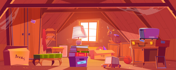 Attic room with old things, garret on roof with window and furniture. Discreet place with carton boxes, kids toys, toaster and couch with books and wardrobe, ball and lamp. Cartoon vector illustration © klyaksun