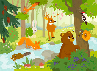 Cartoon vector animals that live in the forest. Forest fauna. Forest inhabitants. Bear looking for honey. Woodpecker hollows the hollow.