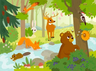  Cartoon vector animals that live in the forest. Forest fauna. Forest inhabitants. Bear looking for honey. Woodpecker hollows the hollow. © olgache