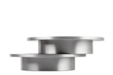 a pair of brake discs lies one on top of the other side view, spare parts isolated on white...