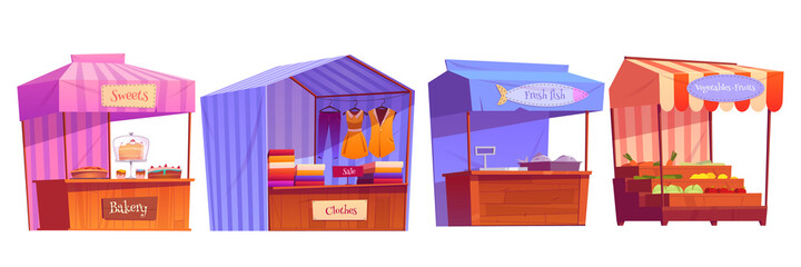 Obraz premium Market stalls, fair booths, wooden kiosk with striped awning, clothes, bakery and food products. Wood vendor counter with sunshade for street trading. Outdoor retail place, isolated cartoon vector set