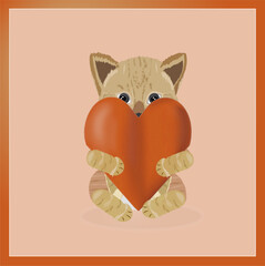 Cute ginger kitty holding red heart on the beige  background. Valentines Day card. Vector