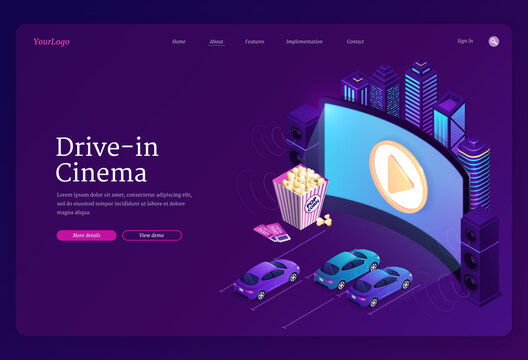 Drive-in Cinema Banner. Outdoor Movie Theater With Cars On Open Air Parking. Vector Landing Page Of Street Auto Cinema With Isometric Illustration Of Big Screen, Automobiles, Popcorn And City