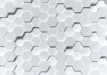 Futuristics rendering white abstract honeycomb random surface level background with lighting and shadow. Top view. Technology concept. 3D illustration rendering graphic design