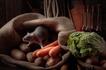 Rat in the barn with vegetables.