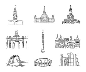 Hand drawn Moscow famous tourist places. Vector illustration of charcoal pencil drawing