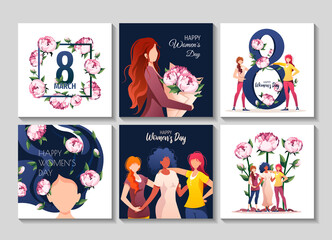 Set of cards or banners for International Women's Day, 8 March. Women with peonies. Square vector illustration for poster, postcard, flyer.