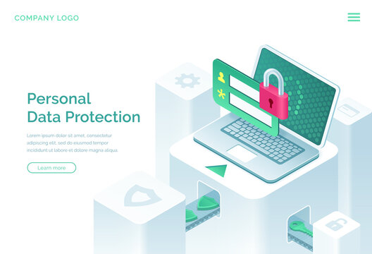 Personal data protection isometric landing page. Internet social networks media cyber privacy, protect confidential information. Laptop screen with lock, login and password form, 3d vector web banner