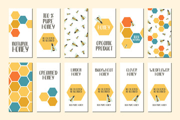 Honey set of flyers with drawn bees, honeycombs. Flat vector illustration. Perfect for logo, business cards, cafe menu, branding, food flyers, icon, packaging design