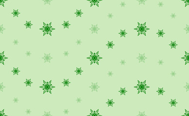 Fototapeta na wymiar Seamless pattern of large and small green snowflakes. The elements are arranged in a wavy. Vector illustration on light green background