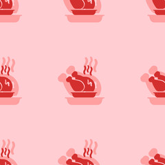 Seamless pattern of large isolated red roasted turkeys. The elements are evenly spaced. Vector illustration on light red background