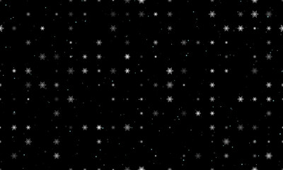 Seamless background pattern of evenly spaced white snowflakes of different sizes and opacity. Vector illustration on black background with stars