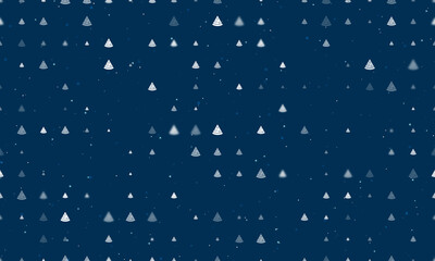 Seamless background pattern of evenly spaced white slice of pizzas of different sizes and opacity. Vector illustration on dark blue background with stars