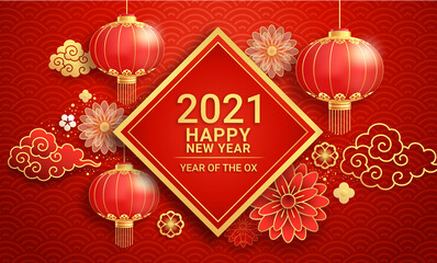 Chinese new year 2021 Paper lanterns and flower on greeting card background the year of the ox. Vector illustrations.